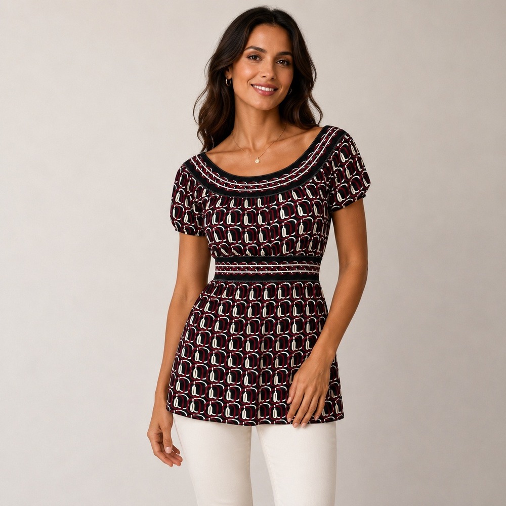 Max Studio XS Off Shoulder Geometric Print Babydoll Tunic Top Empire Waist Boho